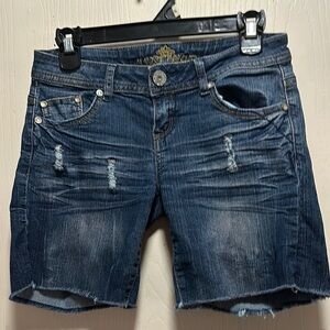 Almost Famous Distressed Denim Shorts, Size 3, Dark Wash, Rhinestone Detail